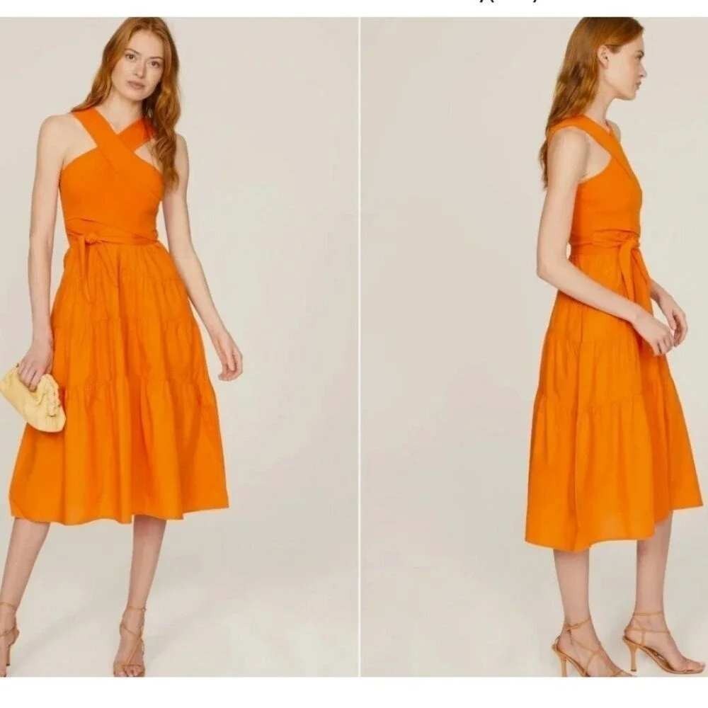 Derek Lam Collective Mixed Media Tiered Midi Dress Orange Cutout Knit Size L